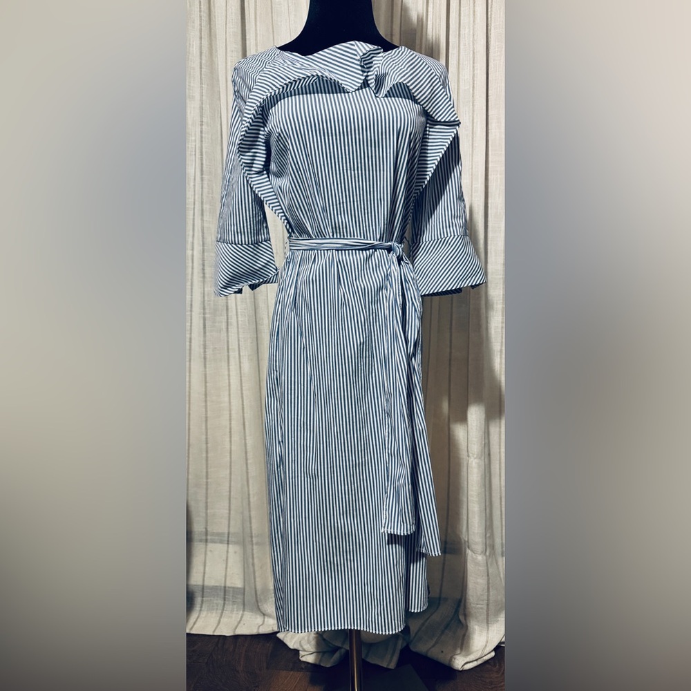 H&M Blue Striped Ruffle Midi Dress Size 2 Cotton Blend Coastal Prep